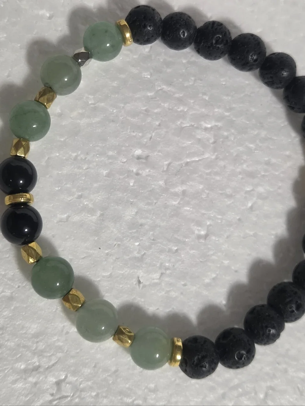 Handcrafted Green & Black Beaded Stretch Bracelet with Gold Accents
